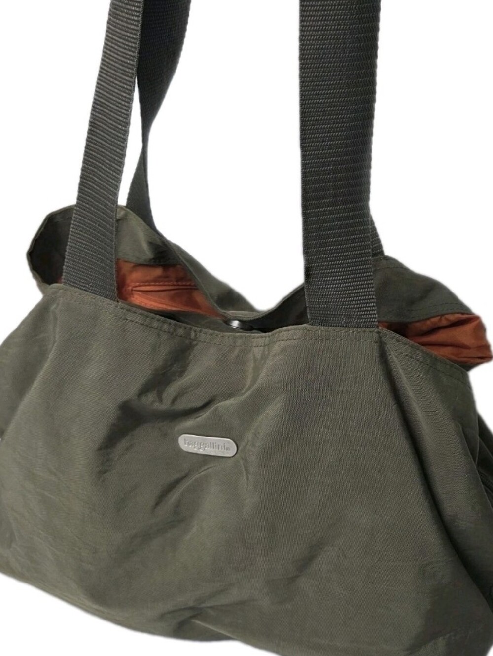 Baggalini Olive Green Shoulder Tote with Orange Lining